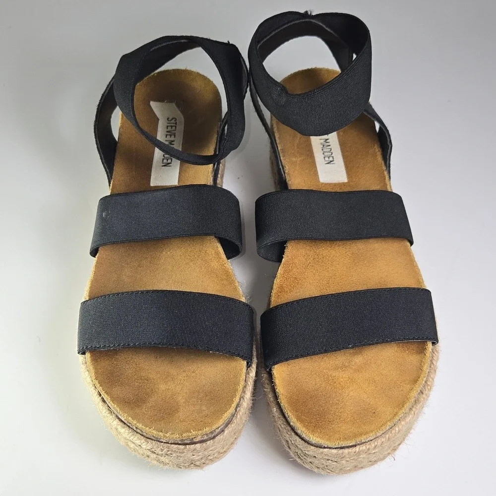 Steve Madden Black Elastic Strap Platform Espadrille Sandals Women Size‎ 8